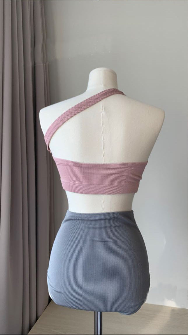 Pink&Gray One-shoulder Swimsuit Set