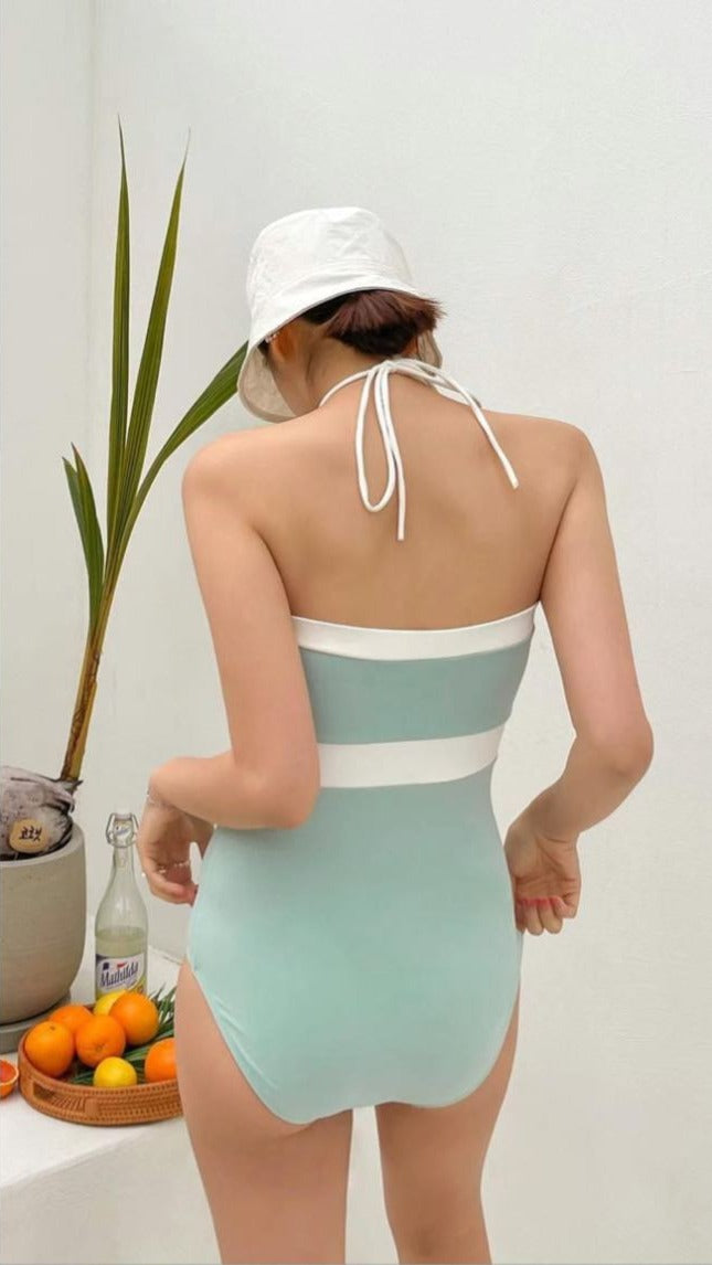 Halter-neck One-Piece Swimsuit- Mint