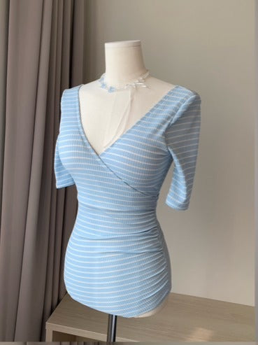 V-neck One-piece Swimsuit- Blue