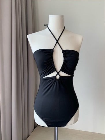 Cross-Neck Wrap One-Piece Swimsuit- Black