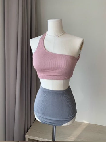 Pink＆Gray One-shoulder Swimsuit Set