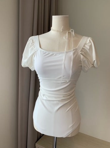 Puff Sleeve One-Piece Swimsuit- White